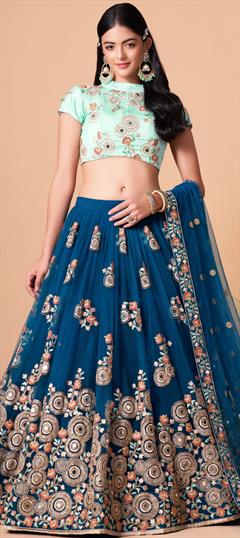 Party Wear, Reception Blue color Lehenga in Net fabric with A Line Embroidered, Mirror, Sequence, Thread, Zari work : 1857423