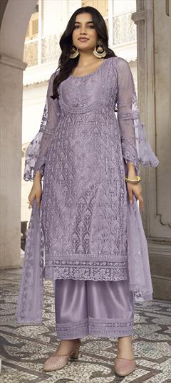 Festive, Reception Purple and Violet color Salwar Kameez in Net fabric with Straight Embroidered, Resham, Thread work : 1857637