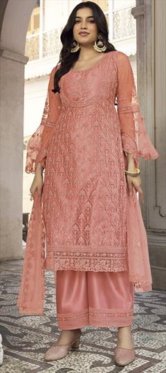 Festive, Reception Pink and Majenta color Salwar Kameez in Net fabric with Straight Embroidered, Resham, Thread work : 1857644