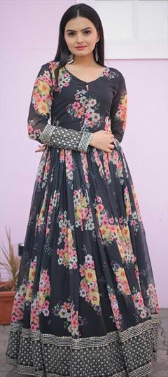 Party Wear, Reception Black and Grey color Gown in Faux Georgette fabric with Anarkali Embroidered, Sequence work : 1857661