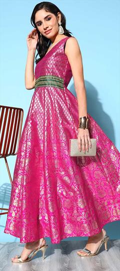 Party Wear Pink and Majenta color Dress in Poly Silk fabric with Foil Print work : 1857673
