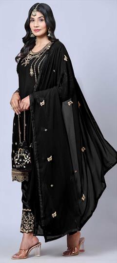 Festive, Reception, Wedding Black and Grey color Salwar Kameez in Georgette fabric with Straight Embroidered, Stone, Thread, Zari work : 1857725