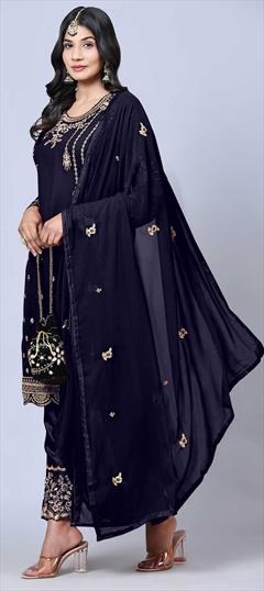 Festive, Reception, Wedding Blue color Salwar Kameez in Georgette fabric with Straight Embroidered, Stone, Thread, Zari work : 1857728