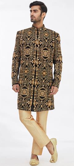 Black and Grey color Sherwani in Imported fabric with Embroidered, Stone, Thread, Zari work : 1857730