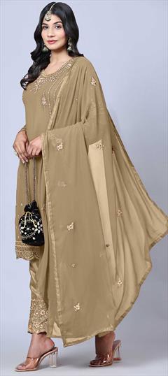 Festive, Reception, Wedding Beige and Brown color Salwar Kameez in Georgette fabric with Straight Embroidered, Stone, Thread, Zari work : 1857731