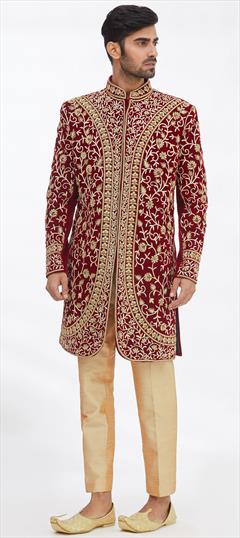 Red and Maroon color Sherwani in Imported fabric with Embroidered, Stone, Thread, Zari work : 1857732