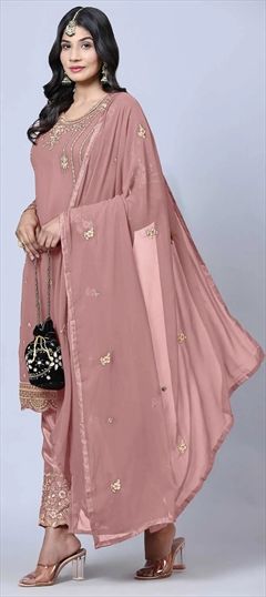 Festive, Reception, Wedding Pink and Majenta color Salwar Kameez in Georgette fabric with Straight Embroidered, Stone, Thread, Zari work : 1857734