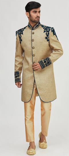 Gold color Sherwani in Jute, Velvet fabric with Patch work : 1857735