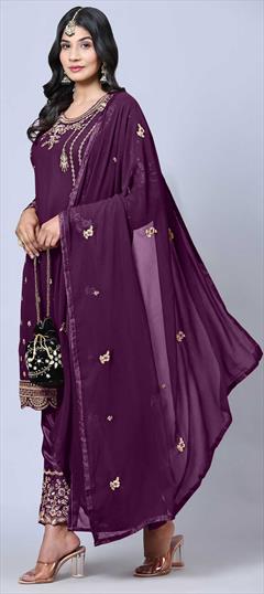 Festive, Reception, Wedding Purple and Violet color Salwar Kameez in Georgette fabric with Straight Embroidered, Stone, Thread, Zari work : 1857738