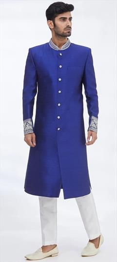 Blue color Sherwani in Art Silk fabric with Bugle Beads, Thread work : 1857739