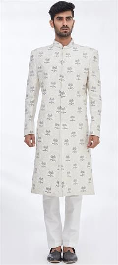 White and Off White color Sherwani in Art Silk fabric with Embroidered, Resham, Thread work : 1857740