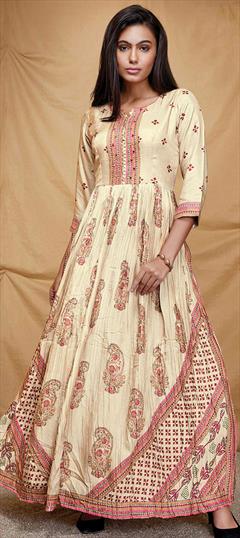 Party Wear Beige and Brown color Kurti in Art Silk fabric with Anarkali, Long Sleeve Printed work : 1857764