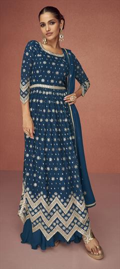 Party Wear, Reception Blue color Salwar Kameez in Faux Georgette fabric with Long, Palazzo Embroidered, Zari work : 1857853