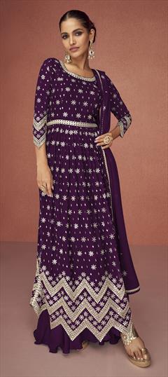 Party Wear, Reception Purple and Violet color Salwar Kameez in Faux Georgette fabric with Long Embroidered, Zari work : 1857856