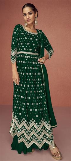 Party Wear, Reception Green color Salwar Kameez in Faux Georgette fabric with Long Embroidered, Zari work : 1857857
