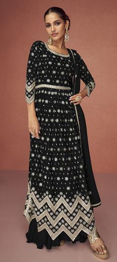 Party Wear, Reception Black and Grey color Salwar Kameez in Faux Georgette fabric with Long Embroidered, Zari work : 1857862