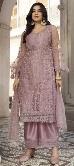 Party Wear Pink and Majenta color Salwar Kameez in Net fabric with Palazzo Embroidered, Stone, Thread work : 1857870