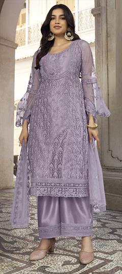 Party Wear Purple and Violet color Salwar Kameez in Net fabric with Palazzo Embroidered, Stone, Zari work : 1857875