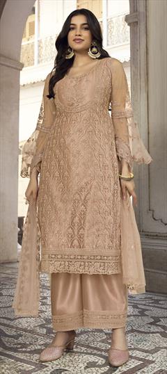Party Wear Beige and Brown color Salwar Kameez in Net fabric with Palazzo Embroidered, Stone, Zari work : 1857877