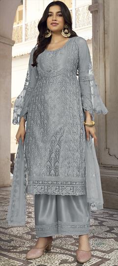 Party Wear Black and Grey color Salwar Kameez in Net fabric with Palazzo Embroidered, Stone, Zari work : 1857879