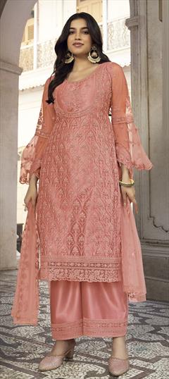 Party Wear Pink and Majenta color Salwar Kameez in Net fabric with Palazzo Embroidered, Stone, Zari work : 1857883