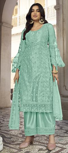 Party Wear Blue color Salwar Kameez in Net fabric with Palazzo Embroidered, Stone, Zari work : 1857885
