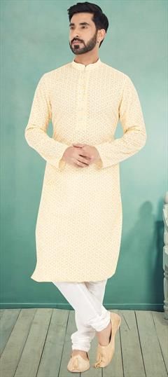 Yellow color Kurta Pyjamas in Georgette fabric with Embroidered, Thread work : 1857924