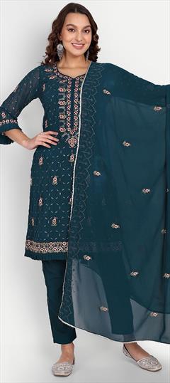 Party Wear Blue color Salwar Kameez in Georgette fabric with Straight Embroidered, Sequence, Thread work : 1857944