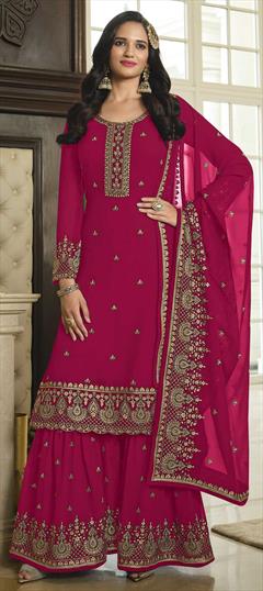Festive, Party Wear, Reception Pink and Majenta color Salwar Kameez in Faux Georgette fabric with Palazzo Embroidered, Sequence, Thread, Zari work : 1858004