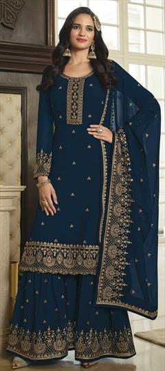 Festive, Party Wear, Reception Blue color Salwar Kameez in Faux Georgette fabric with Palazzo Embroidered, Sequence, Thread, Zari work : 1858006