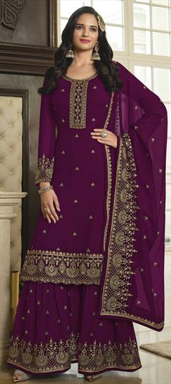 Festive, Party Wear, Reception Purple and Violet color Salwar Kameez in Faux Georgette fabric with Palazzo Embroidered, Sequence, Thread, Zari work : 1858008