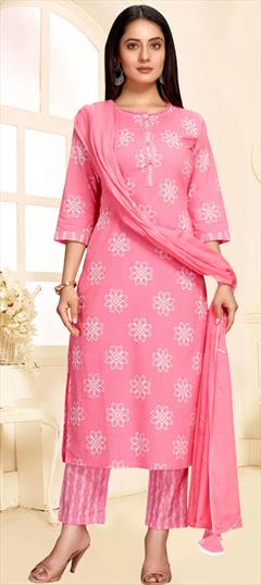 Festive, Party Wear Pink and Majenta color Salwar Kameez in Cotton fabric with Straight Printed work : 1858038