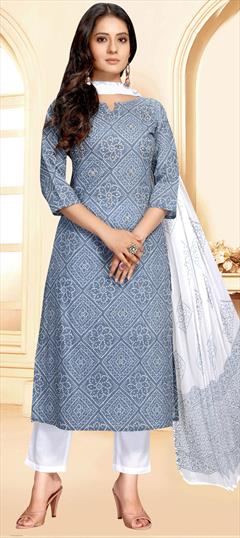 Festive, Party Wear Blue color Salwar Kameez in Cotton fabric with Straight Printed work : 1858040