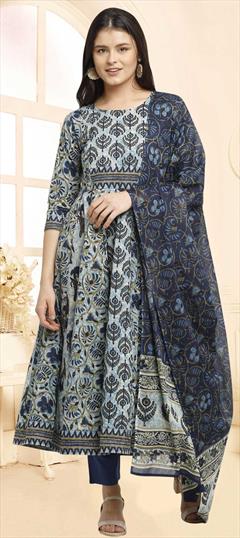 Festive, Party Wear Blue color Salwar Kameez in Cotton fabric with Straight Printed work : 1858046