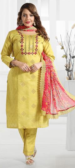 Party Wear Yellow color Salwar Kameez in Silk fabric with Straight Embroidered work : 1858054