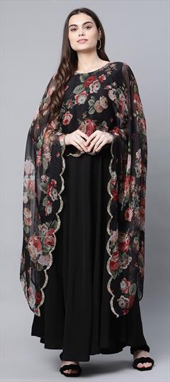 Party Wear Black and Grey color Dress in Crepe Silk fabric with Printed work : 1858120