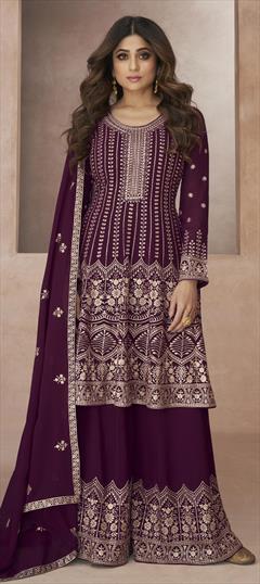 Reception, Wedding Purple and Violet color Salwar Kameez in Georgette fabric with Palazzo Embroidered, Sequence work : 1858217