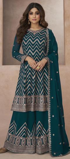 Reception, Wedding Blue color Salwar Kameez in Georgette fabric with Palazzo Embroidered, Sequence work : 1858219