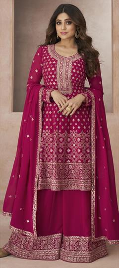 Reception, Wedding Pink and Majenta color Salwar Kameez in Georgette fabric with Palazzo Embroidered, Sequence work : 1858226