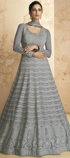 Festive, Reception Black and Grey color Salwar Kameez in Georgette fabric with Anarkali Embroidered, Resham, Thread work : 1858290