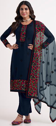 Festive, Party Wear, Reception Blue color Salwar Kameez in Georgette fabric with Straight Embroidered, Sequence, Stone, Thread, Zari work : 1858294