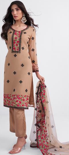 Festive, Party Wear, Reception Beige and Brown color Salwar Kameez in Georgette fabric with Straight Embroidered, Sequence, Stone, Thread, Zari work : 1858299