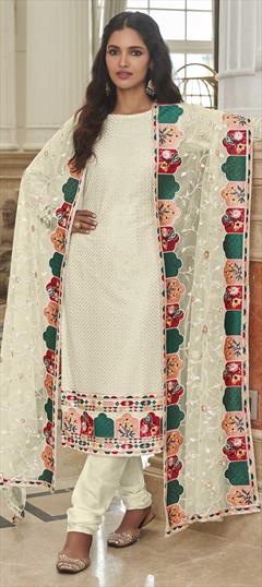 Party Wear White and Off White color Salwar Kameez in Georgette fabric with Churidar, Straight Embroidered, Sequence, Thread work : 1858310