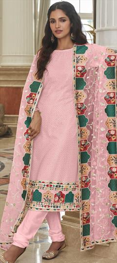 Party Wear Pink and Majenta color Salwar Kameez in Georgette fabric with Churidar, Straight Embroidered, Sequence, Thread work : 1858312