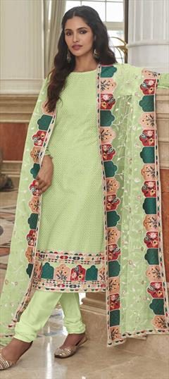 Party Wear Green color Salwar Kameez in Georgette fabric with Churidar, Straight Embroidered, Sequence, Thread work : 1858313