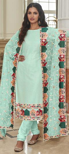 Party Wear Blue color Salwar Kameez in Georgette fabric with Churidar, Straight Embroidered, Sequence, Thread work : 1858314