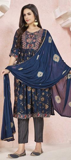 Festive, Party Wear, Reception Blue color Salwar Kameez in Viscose fabric with Straight Embroidered, Thread work : 1858341