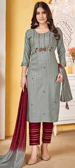 Festive, Party Wear, Reception Black and Grey color Salwar Kameez in Viscose fabric with Straight Embroidered, Thread work : 1858344