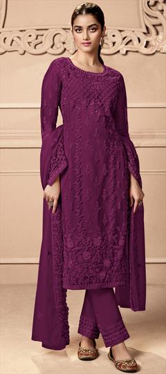 Festive, Reception Purple and Violet color Salwar Kameez in Net fabric with Straight Embroidered, Stone, Thread work : 1858372