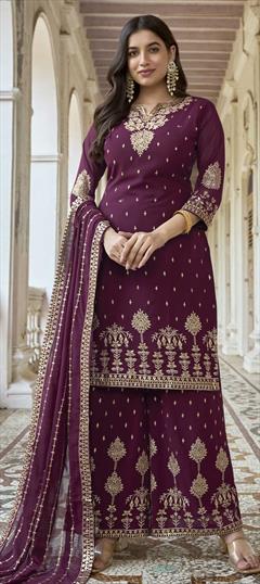 Party Wear, Reception Purple and Violet color Salwar Kameez in Georgette fabric with Palazzo, Straight Embroidered, Mirror, Resham, Thread work : 1858385
